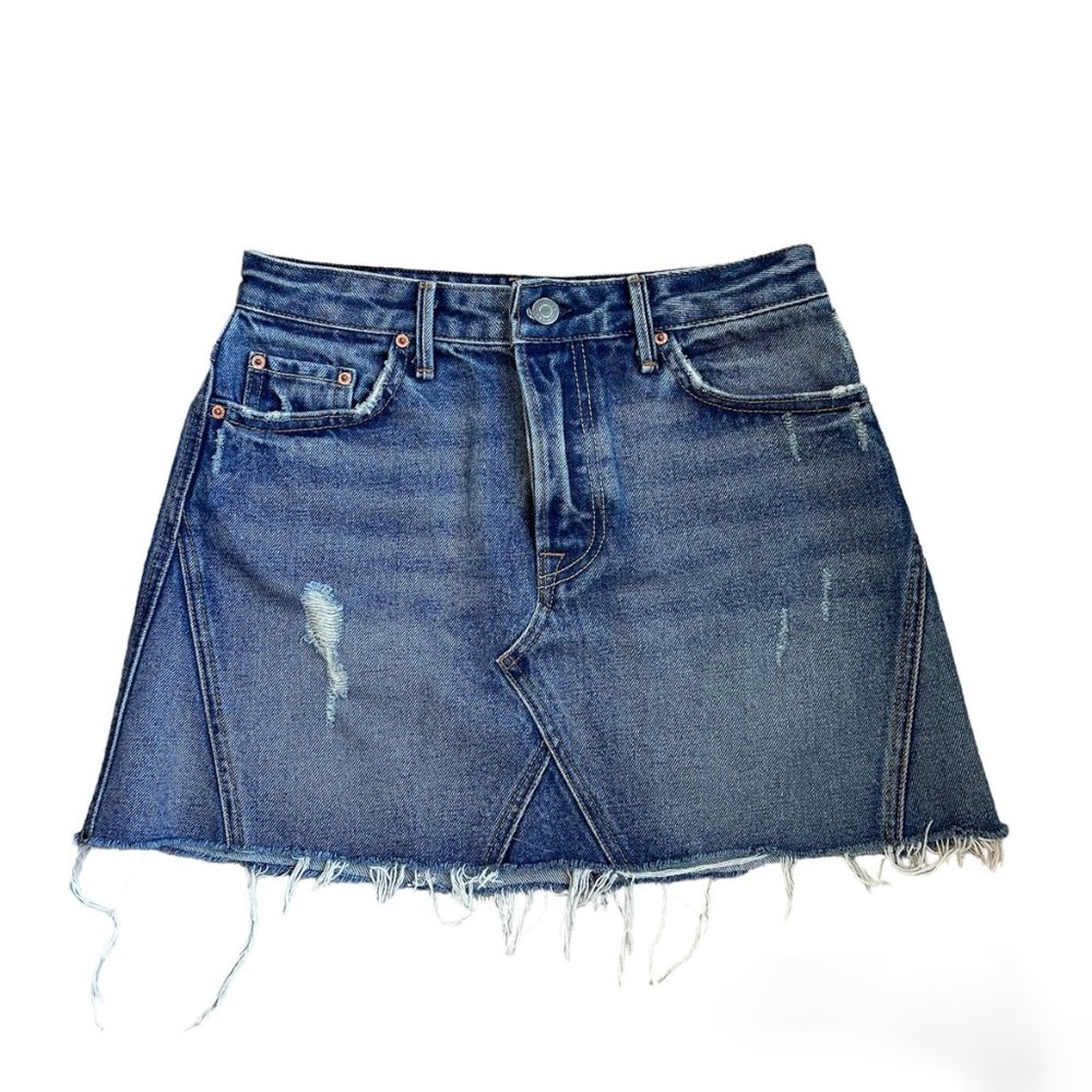 GRLFRND Eva Distressed Faded A-Frame High Waist Denim Mini Skirt REVOLVE Size 26 - Picture 16 of 16